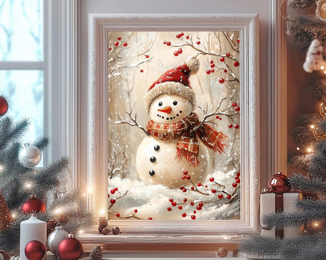 Snowman in Red Knit Hat with Plaid Scarf Winter Watercolor Wall Art - Image 8