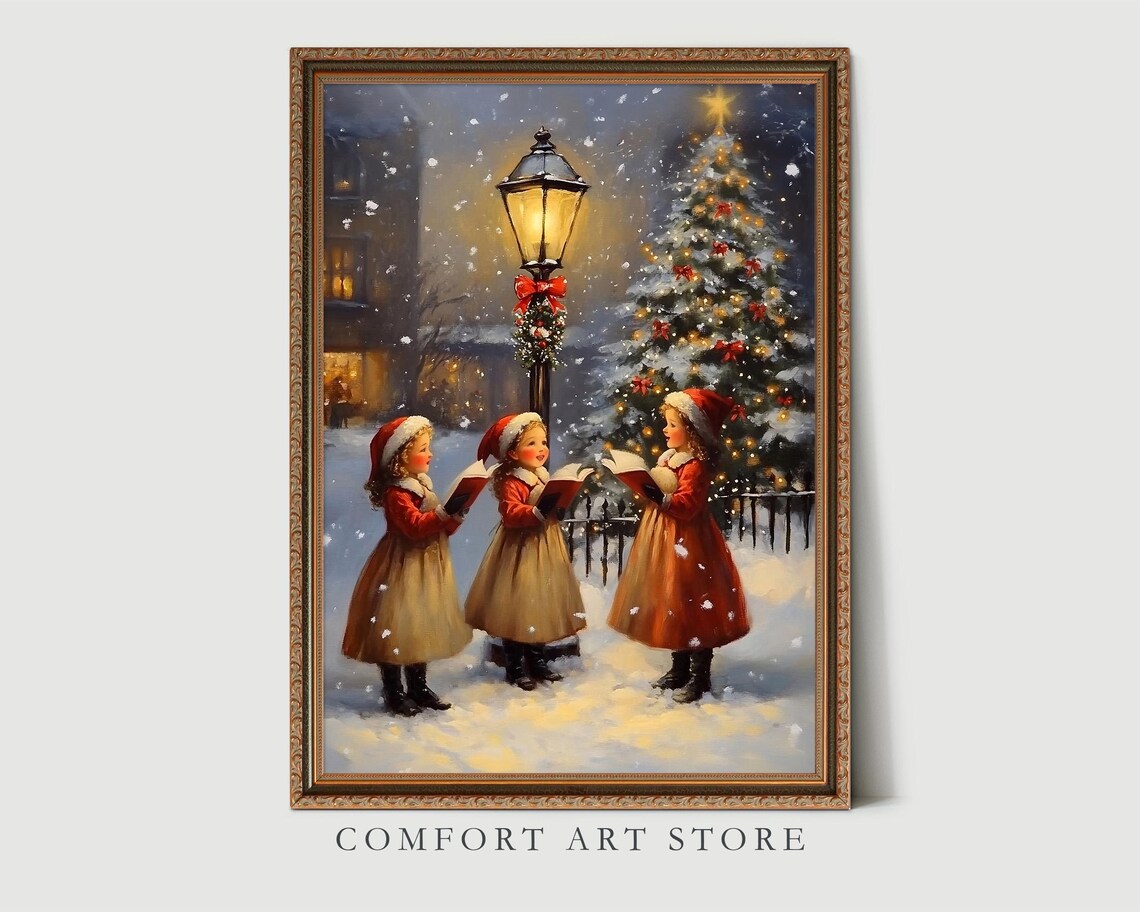 Little Girls Caroling Snowy Christmas Tree Vintage Oil Painting Poster - Image 7