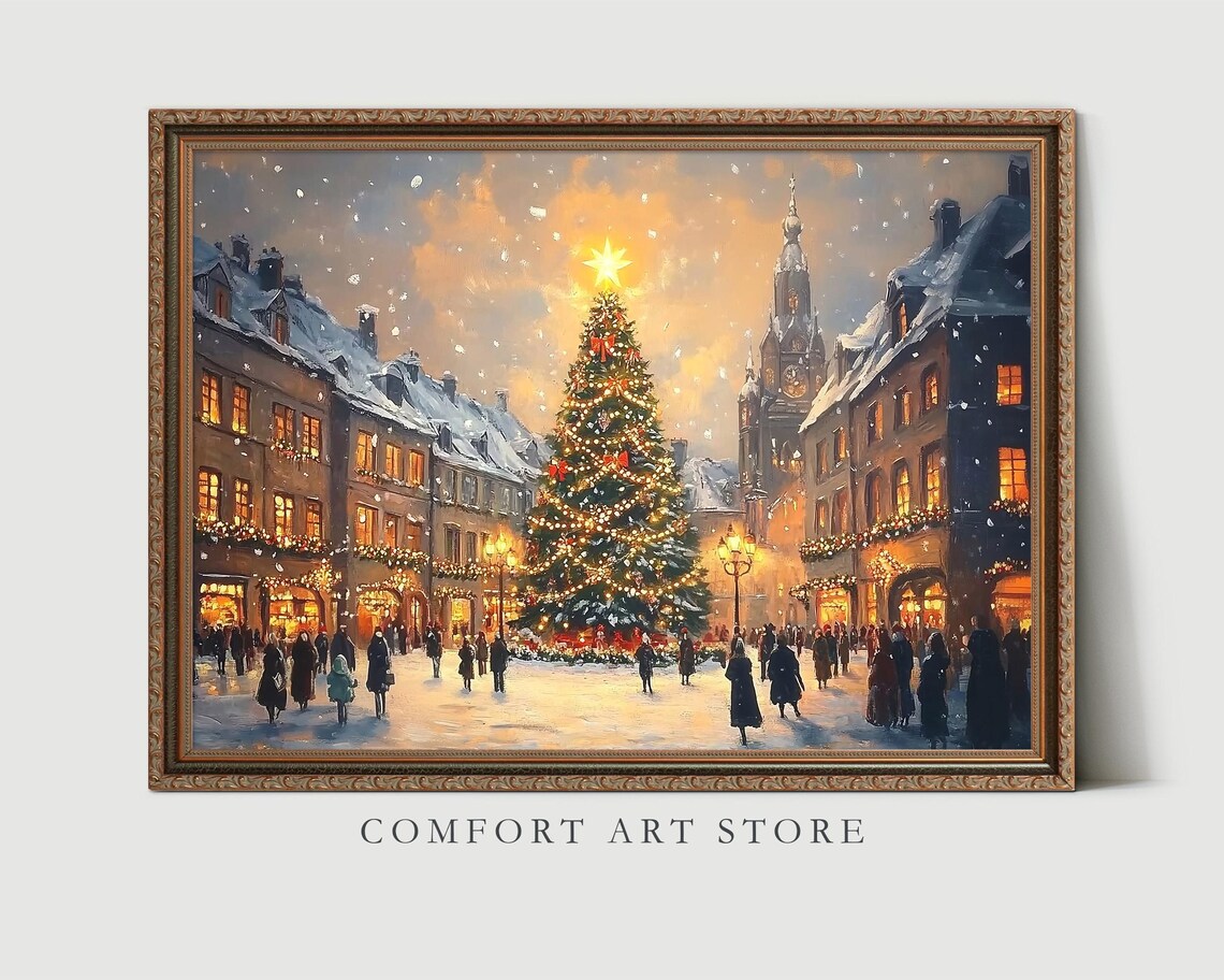 European Christmas Market Square with Lit Tree at Dusk Poster - Image 3