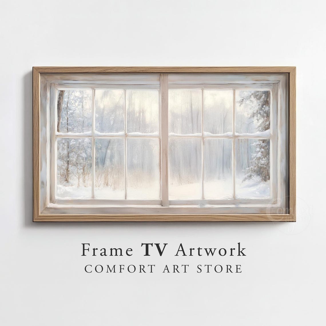 Snowy Winter Forest View Through Rustic Wooden Window Frame Wall Art