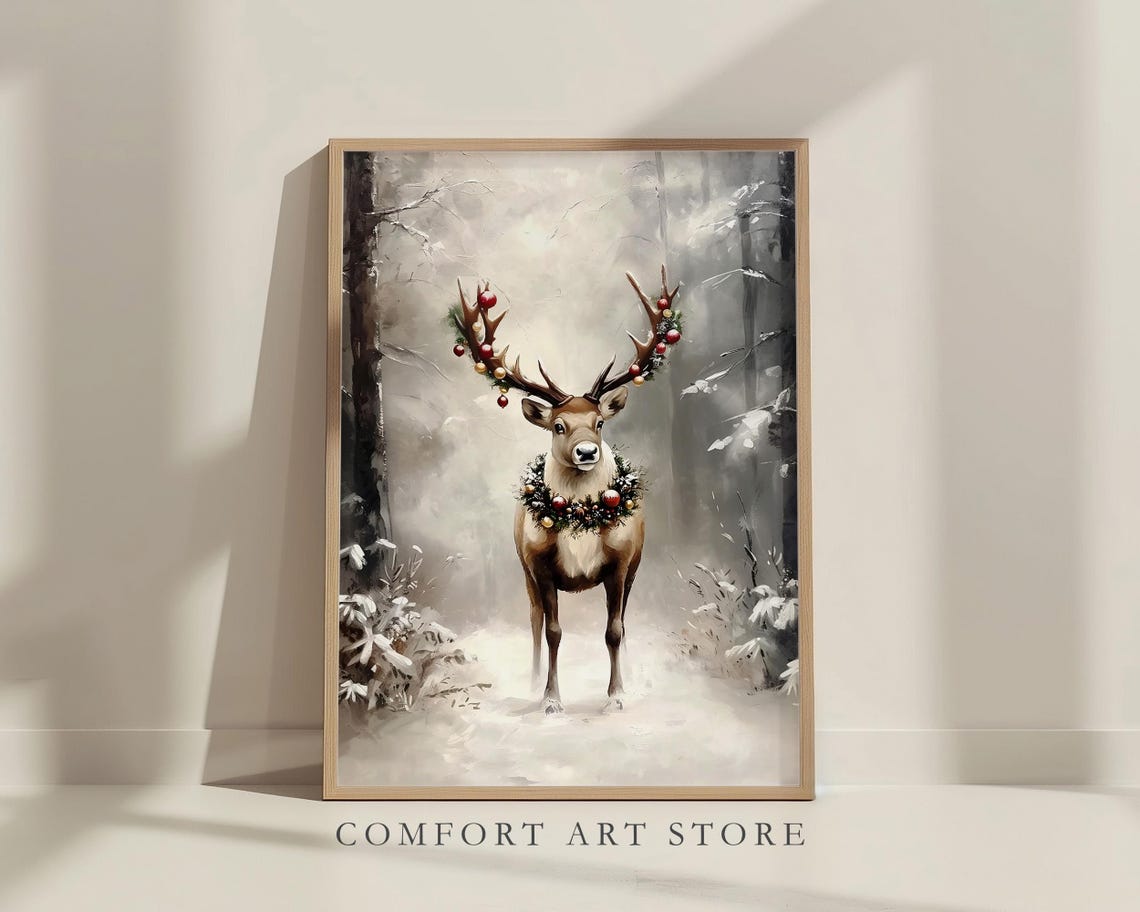 Beautiful Festive Deer with Ornaments on Antlers Misty Snow Poster - Image 7