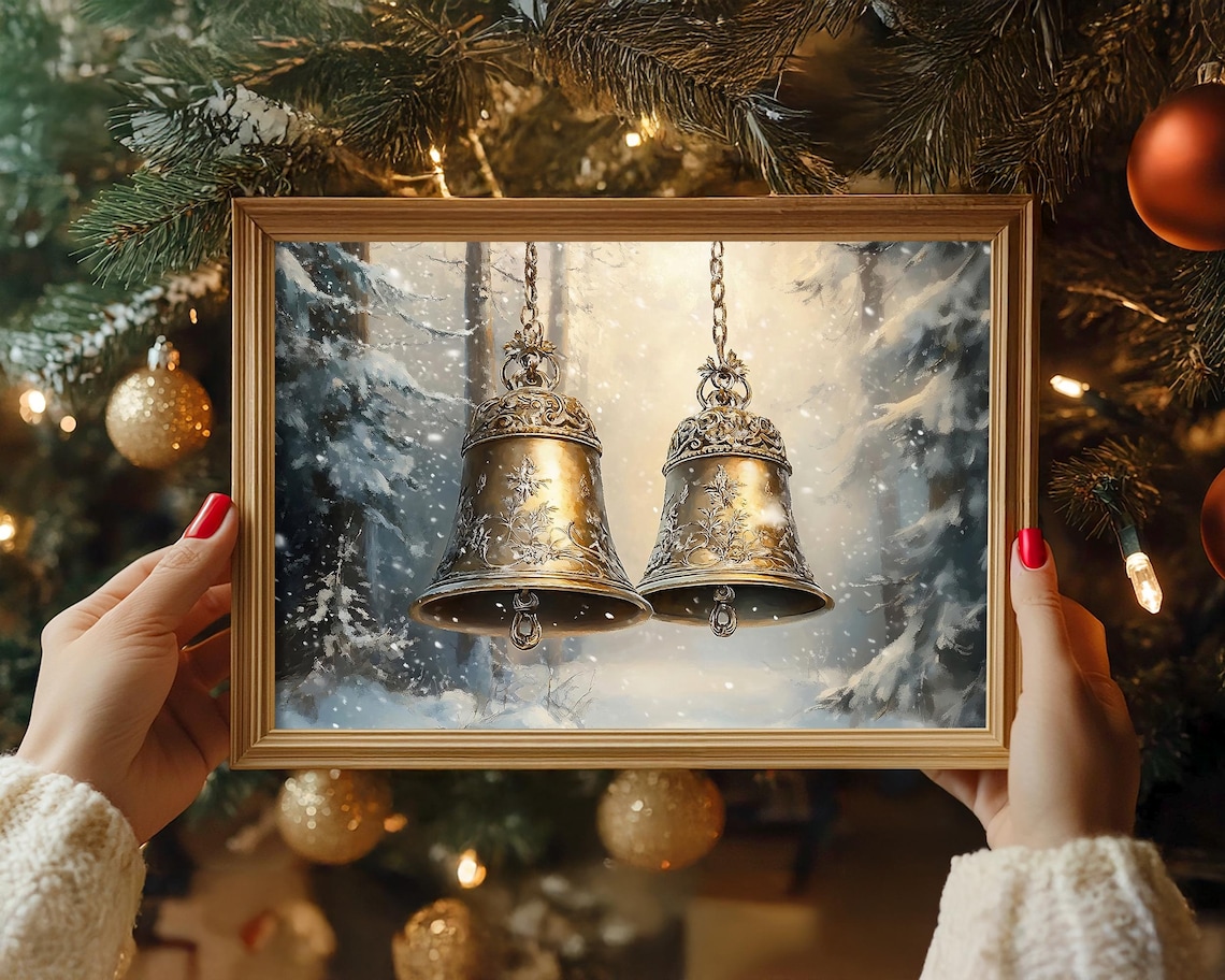 Ornate Brass Jingle Bells Hanging in a Snowy Winter Forest Poster - Image 7