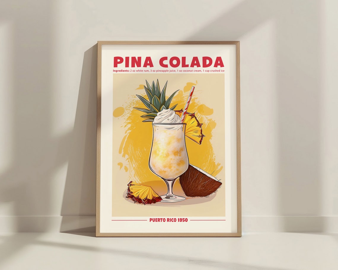 Pina Colada Cocktail Recipe Retro Poster Tropical Bar Cart Wall Art