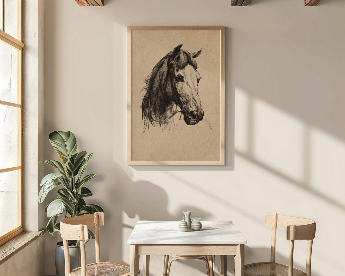 Vintage Horse Head Sketch Rustic Equestrian Charcoal Wall Art Poster - Image 2