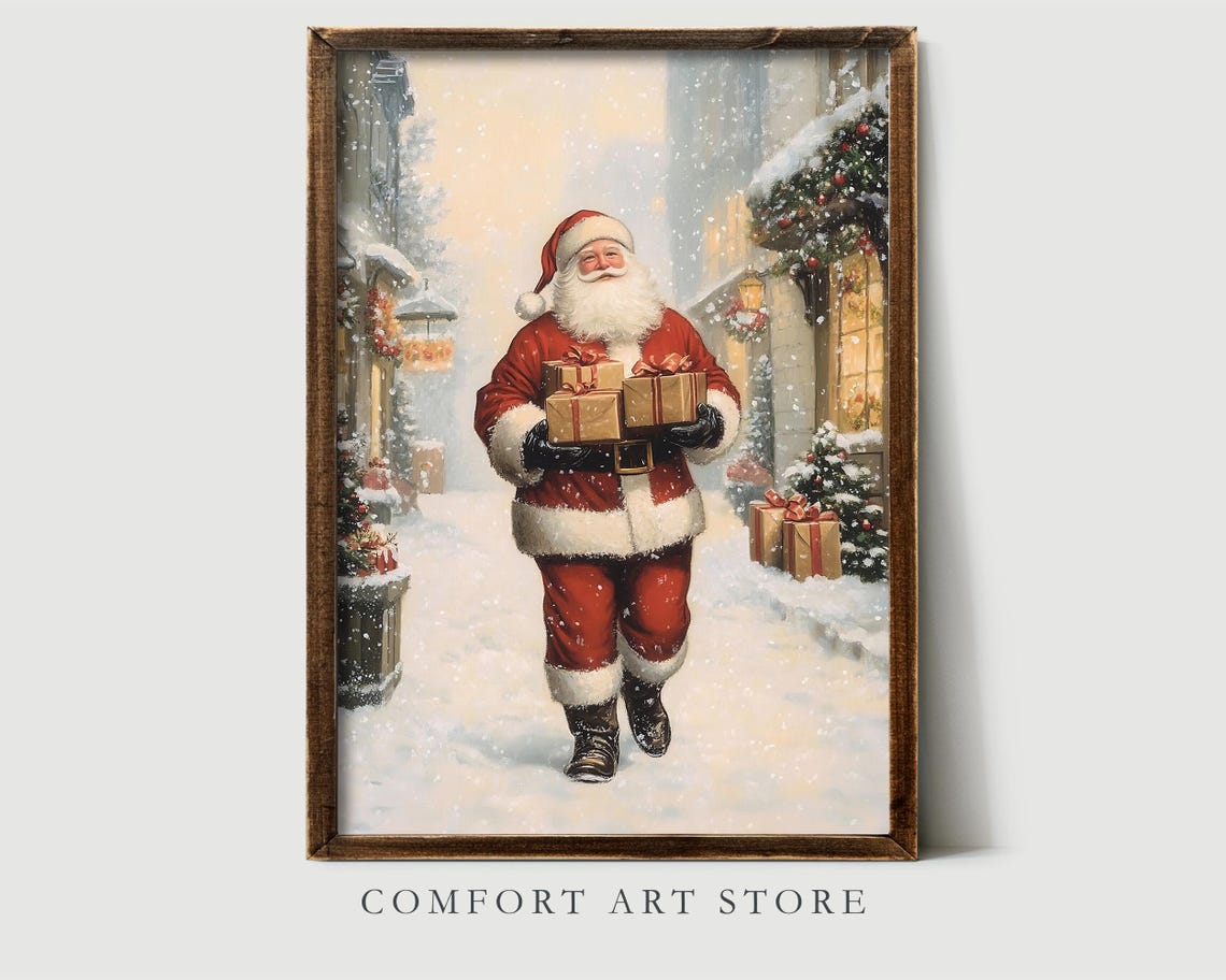 Santa Claus Print Vintage Christmas Wall Art Christmas Snowy Street Print Winter Holiday Decor Antique Christmas Gift Neutral Santa Wall Art - Image 2