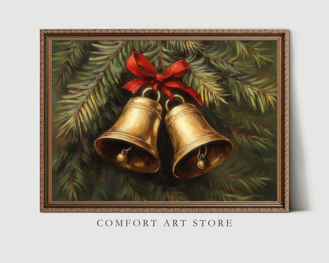 Vintage Christmas Wall Art Christmas Jingle Bells Print Winter Holiday Decor Antique Christmas Golden Bells Neutral Oil Painting Winter Pine - Image 3