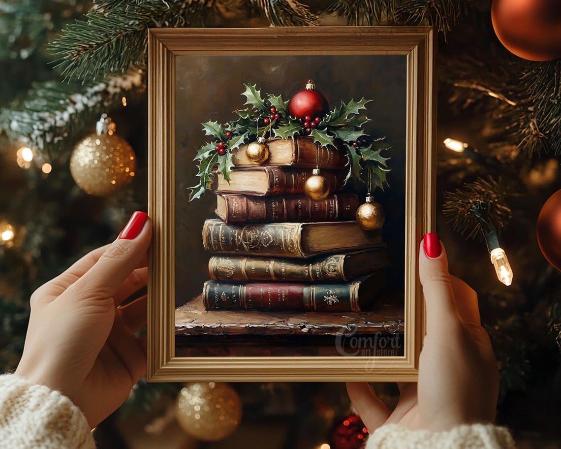 Antique Book Stack With Holly Berries and Christmas Baubles Poster - Image 3