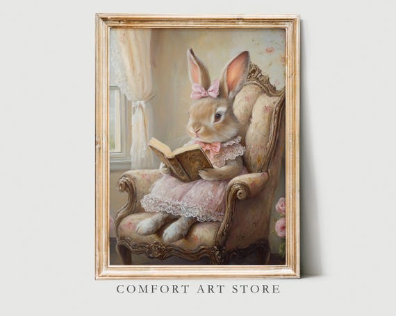 Easter Bunny Print Cute Easter Bunny Reading Book Easter Rabbit Easter Vintage Spring Cottagecore Easter Decor Farmhouse Wall Art