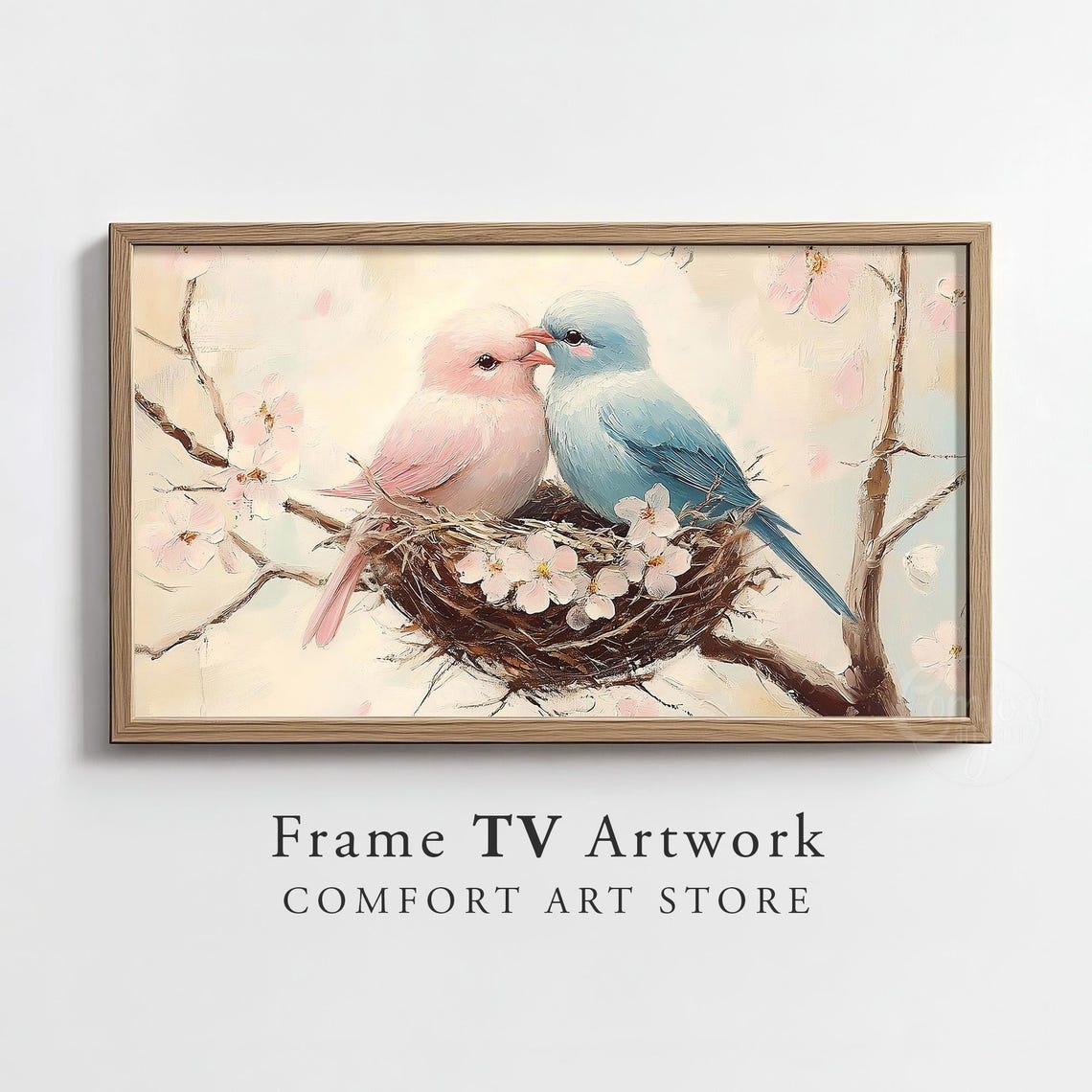Pink Blue Lovebirds Nest Cherry Blossoms Romantic Birds Art Poster