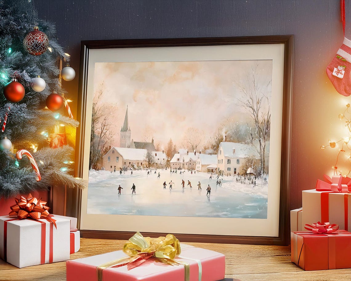 Winter Skaters on Frozen Lake by Village Church Steeple Wall Art - Image 4