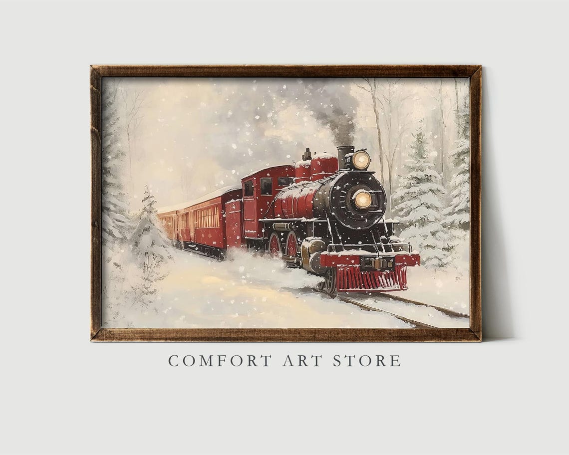 Red Passenger Train Rolling Through Winter Snowfall Wall Art - Image 2