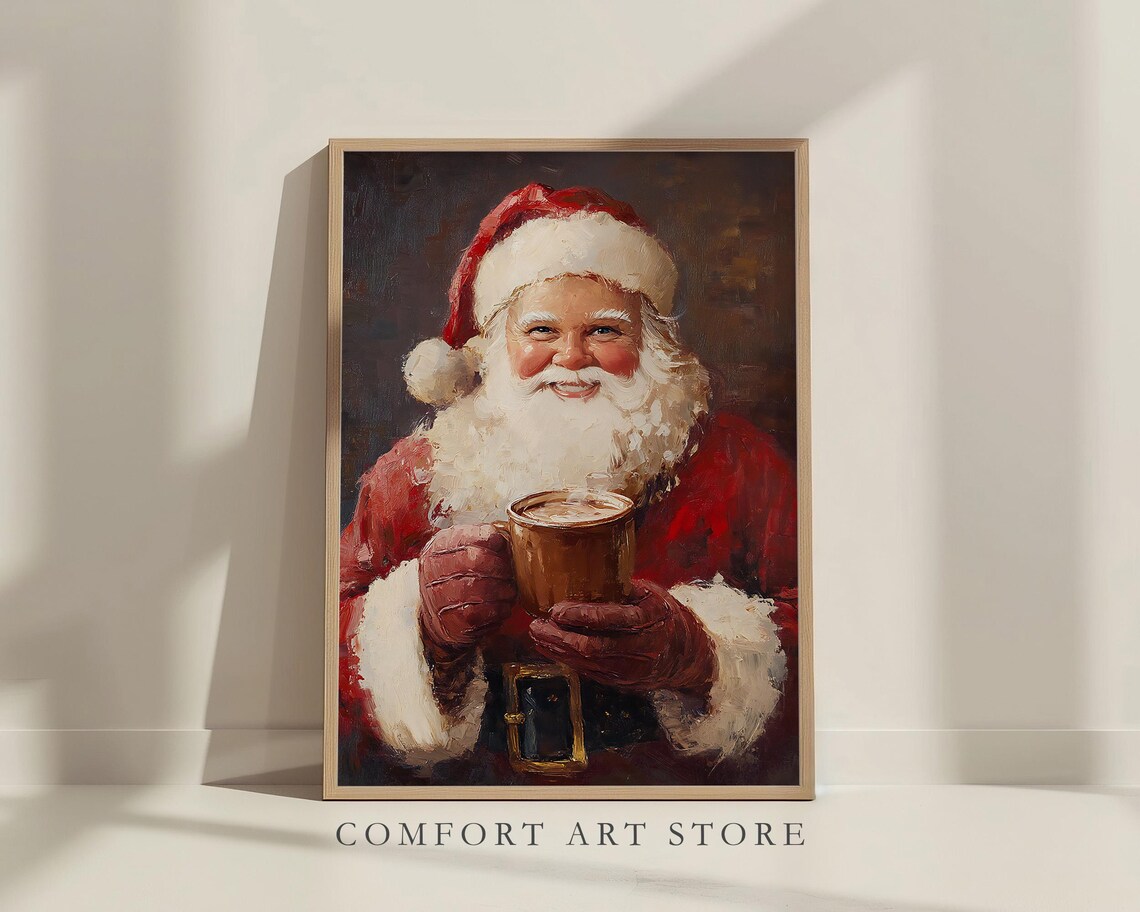 Santa Claus Holding Hot Cocoa Vintage Oil Painting Cozy Holiday Poster - Image 6