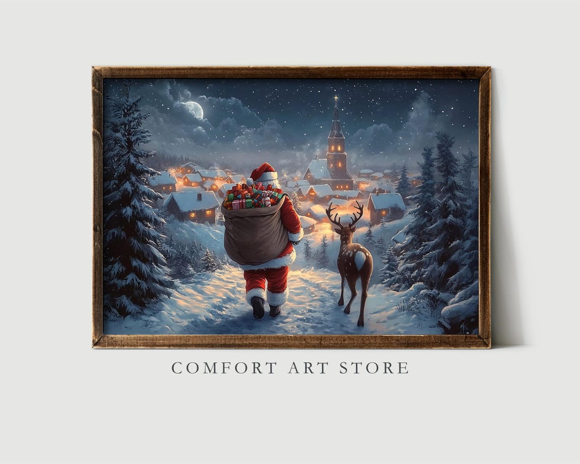 Christmas Wall Art Santa Claus Reindeer Print Dark Academia Winter Village Scene Snowy Holiday Decor Vintage Christmas Painting - Image 3