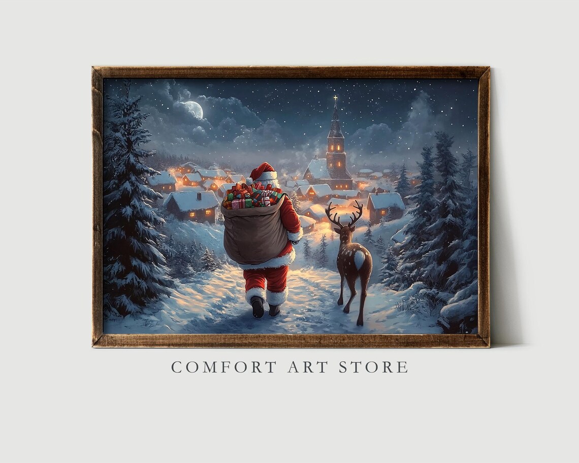 Santa Claus and Reindeer Walking to a Snowy Village Night Poster - Image 3