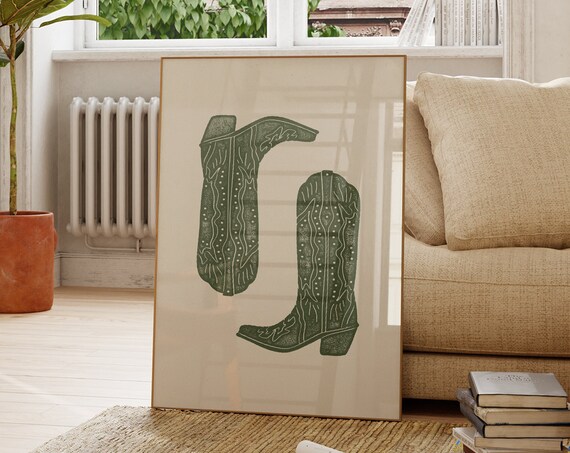 Olive Cowboy Boots Minimalist Western Poster Print