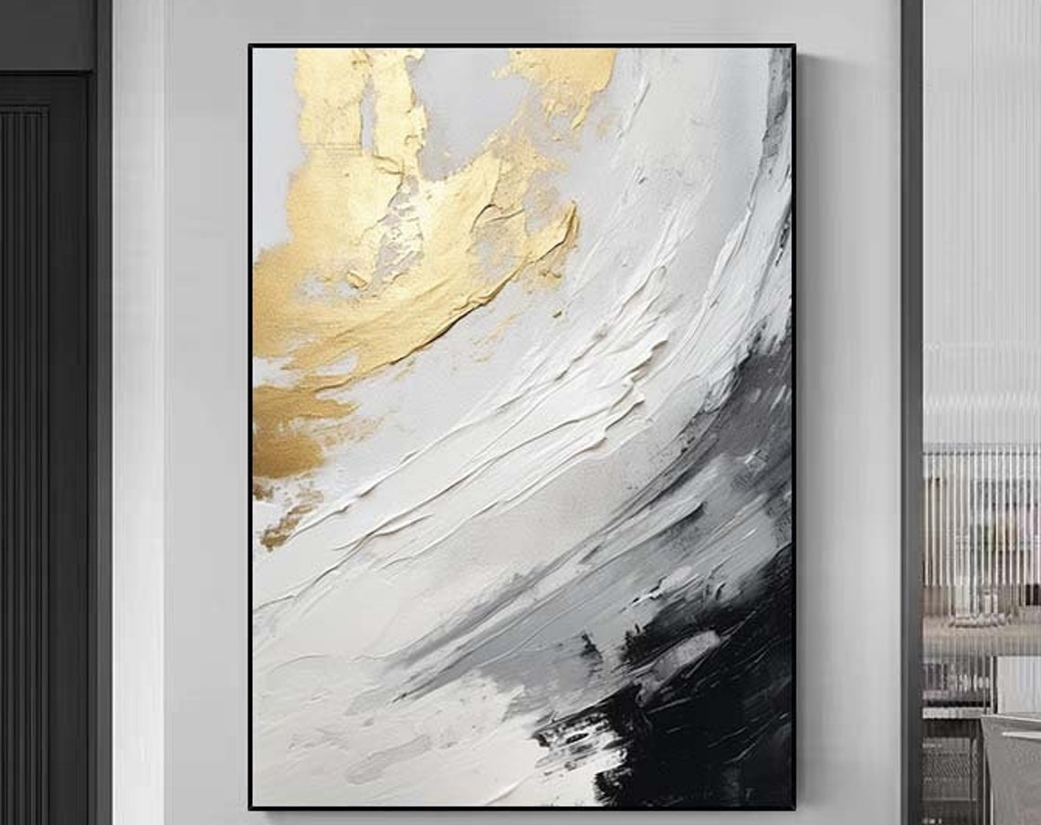 White Gold Grey Sweeping Abstract Impasto Modern Painting Poster