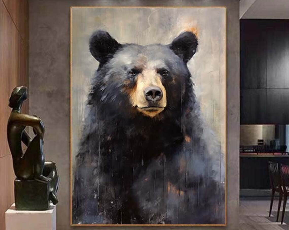Black Bear Abstract Oil Painting, Minimalist Art