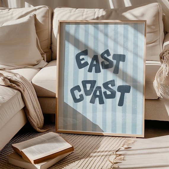 East Coast Hand Lettered Sign Blue White Striped Coastal Wall Art