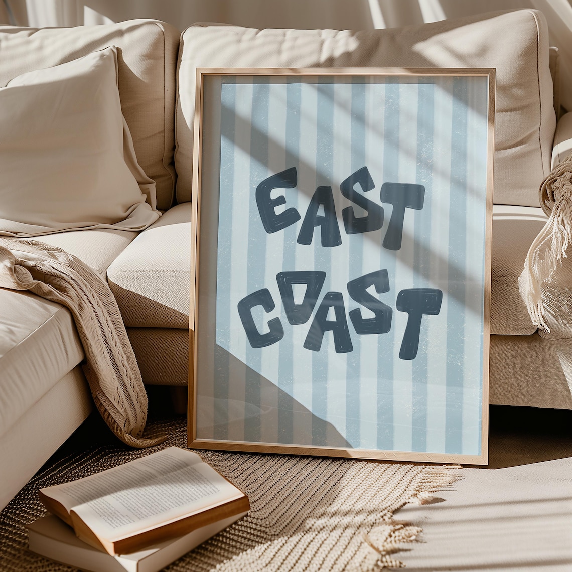 East Coast Hand Lettered Sign Blue White Striped Coastal Wall Art