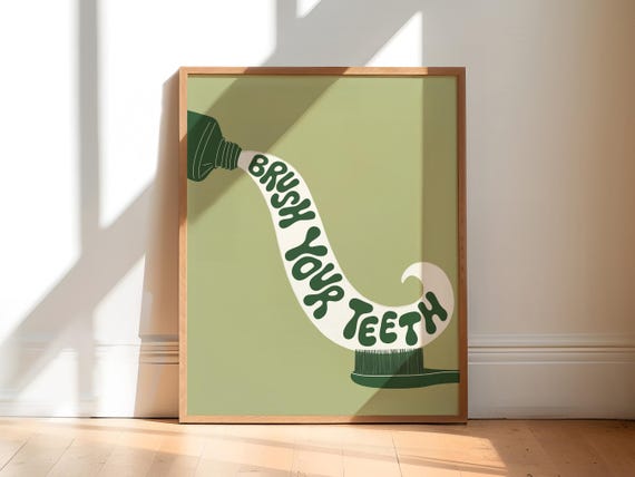 Green Brush Your Teeth Art Print Funny Bathroom Toothbrush Poster Quirky College Apartment Decor