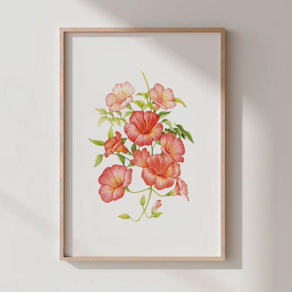 Trumpet Vine Watercolor Print Orange Floral Wall Art