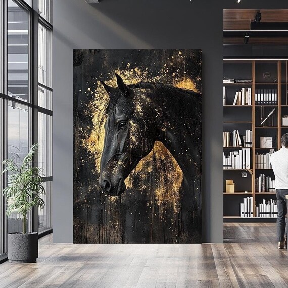 Black Stallion Portrait Golden Paint Splatter Bold Equine Wall Art Poster