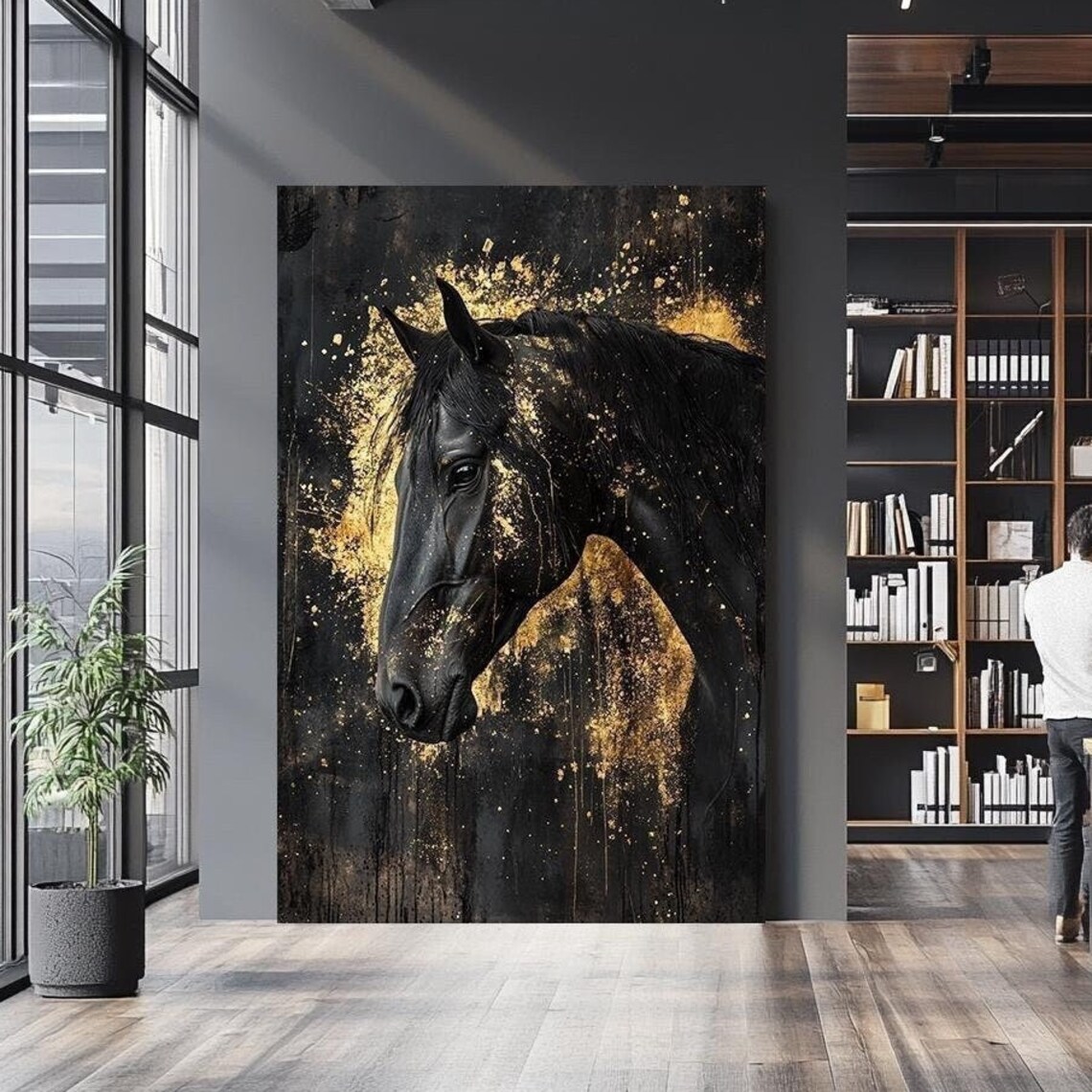 Black Stallion Portrait Golden Paint Splatter Bold Equine Wall Art Poster