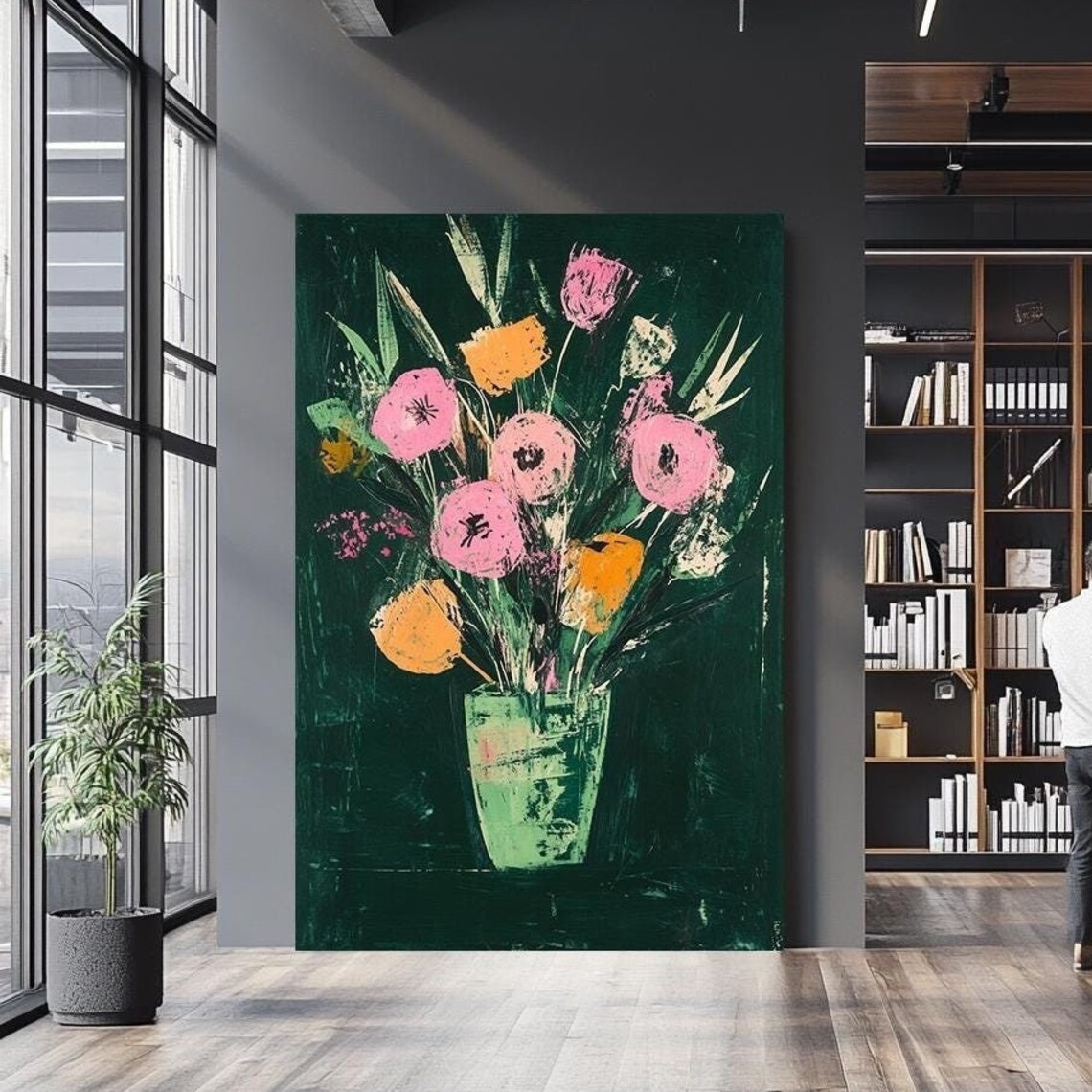 Vibrant Pink Yellow Flowers Green Vase Dark Botanical Wall Art Poster