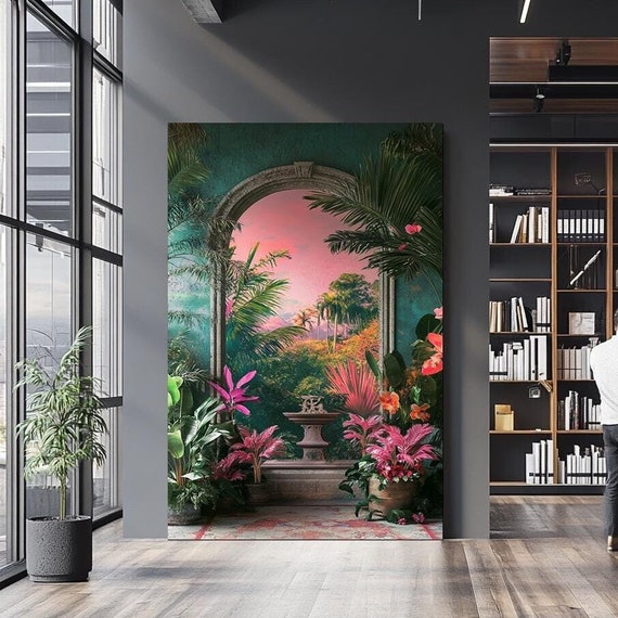 Tropical Paradise Wall Art Sunset Garden Archway Painting Botanical Fountain Wall Decor Tropical Wall Decor Botanical Artwork