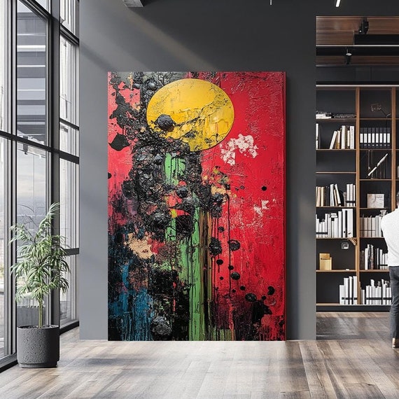 Bold Abstract Wall Art With Textured Finish Modern Mixed Media For Home Decor Unique Red And Yellow Artwork Contemporary Design