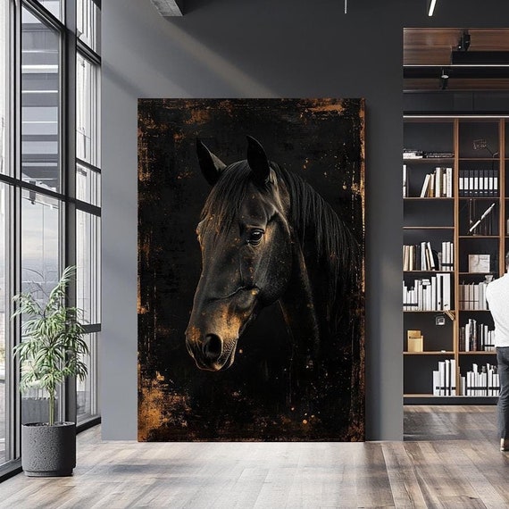 Elegant Black Horse Wall Art With Gold Accents Luxurious Equine Artwork For Sophisticated Spaces Bold And Refined Animal Decor