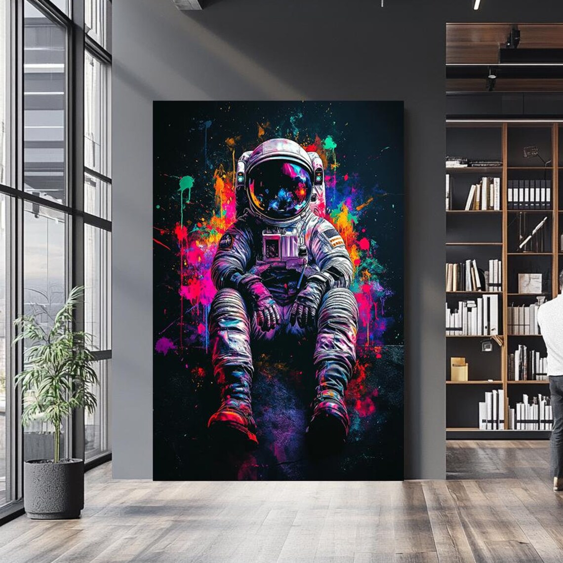 Colorful Astronaut Neon Paint Splatter Cosmic Space Wall Art