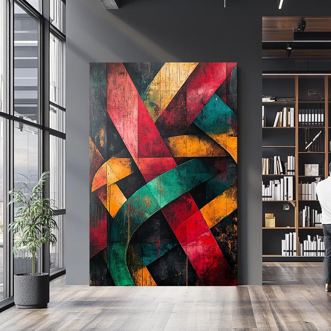 Vibrant Geometric Interlocking Bands Red Green Orange Modern Wall Art