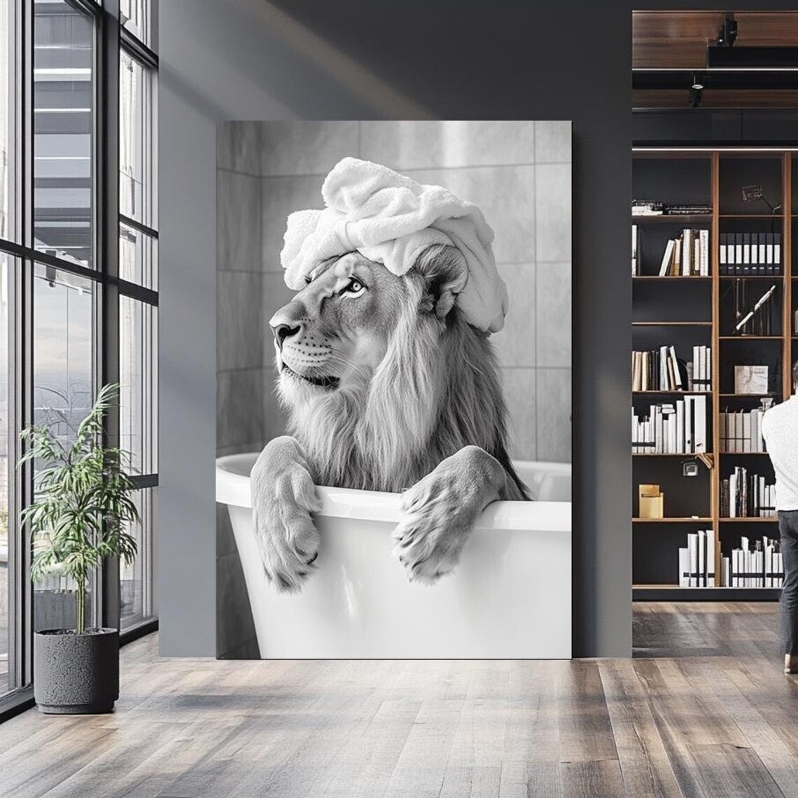 Funny Lion In Bathtub With Towel Black And White Bathroom Wall Art Poster
