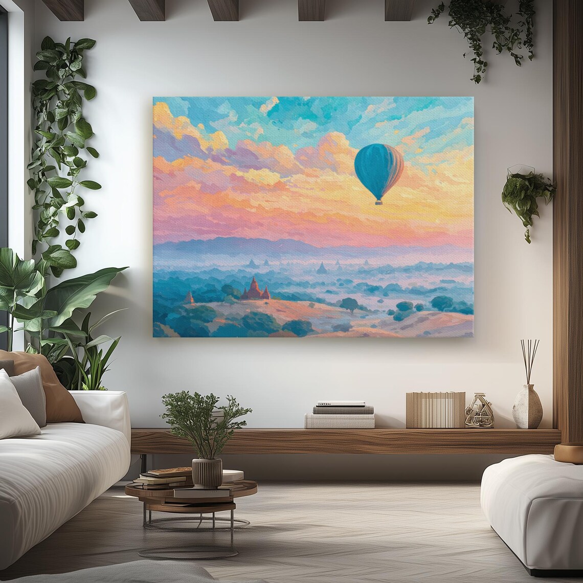 Hot Air Balloon Over Ancient Temple Plain Golden Sunset Poster