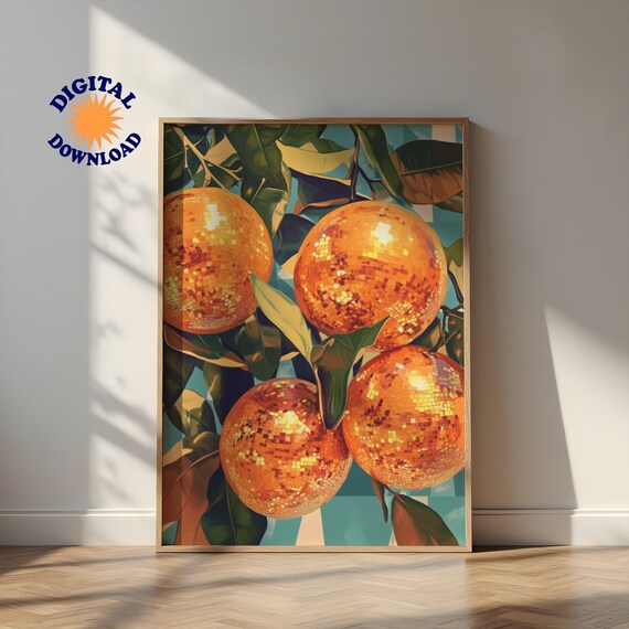 Orange Disco Ball Fruit Tree Funky Maximalist Bar Cart Art Poster