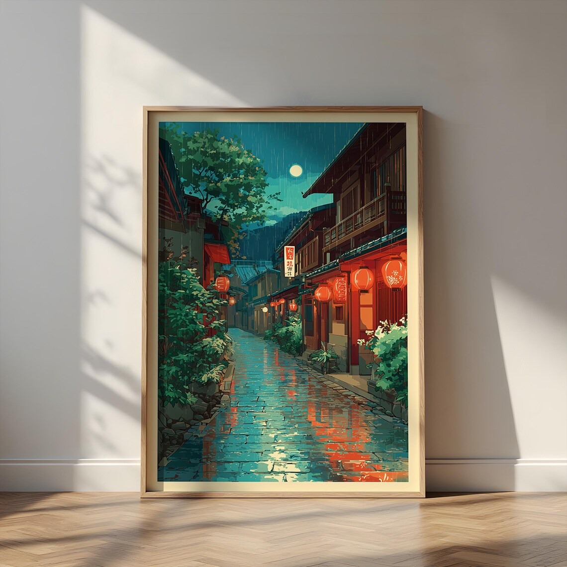 Rainy Night Japanese Street, Red Lanterns Art Print