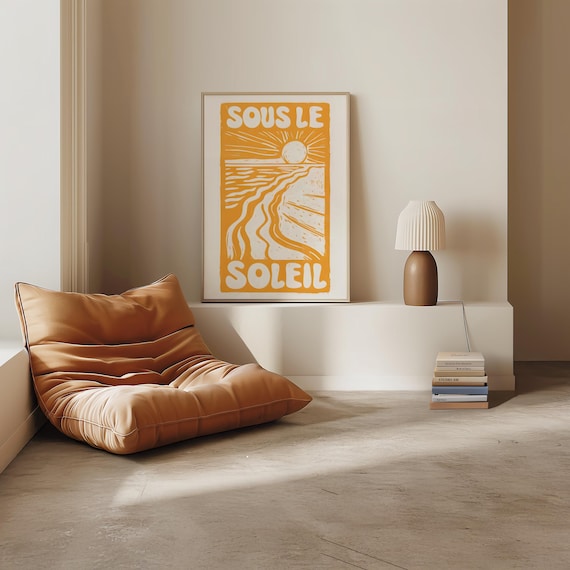 Sous Le Soleil Retro Orange Sun Beach Waves French Travel Poster