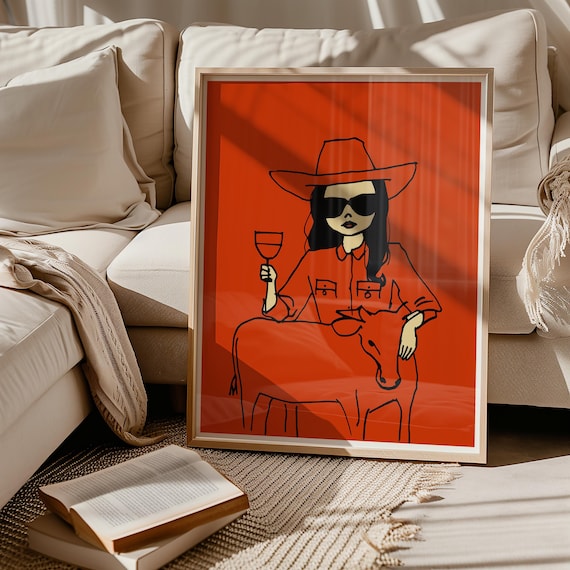 Red Cowgirl with Wine Glass and Cow Bold Minimalist Line Art Poster