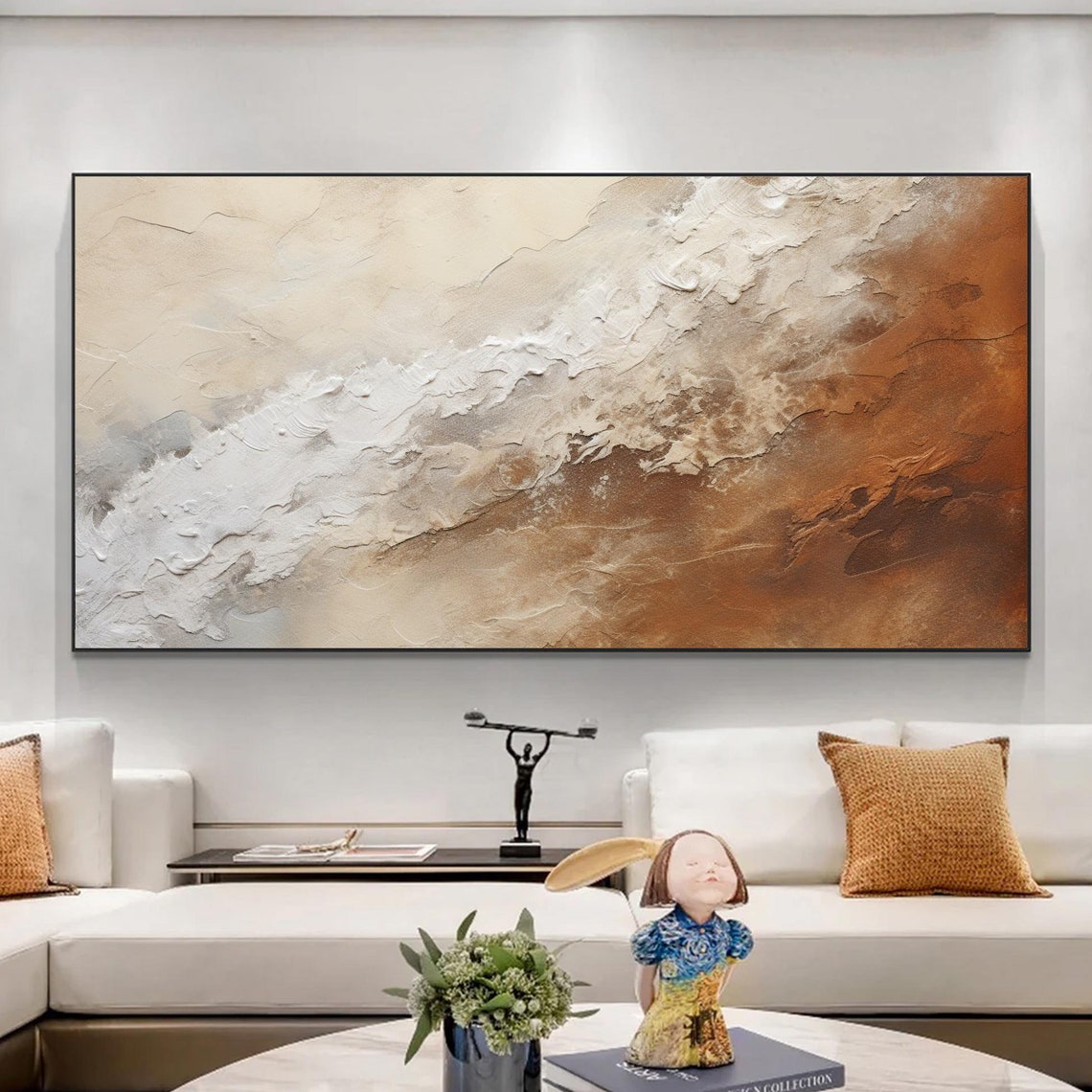 Warm Beige Brown Textured Wave Abstract Minimalist Neutral Wall Art