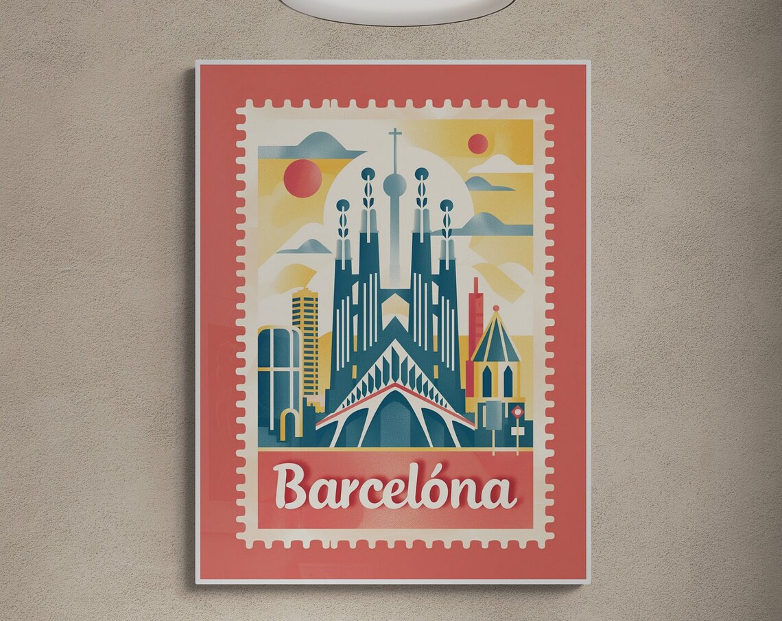 Barcelona Spain Sagrada Familia Spires Sunset Stamp Travel Poster - Image 5