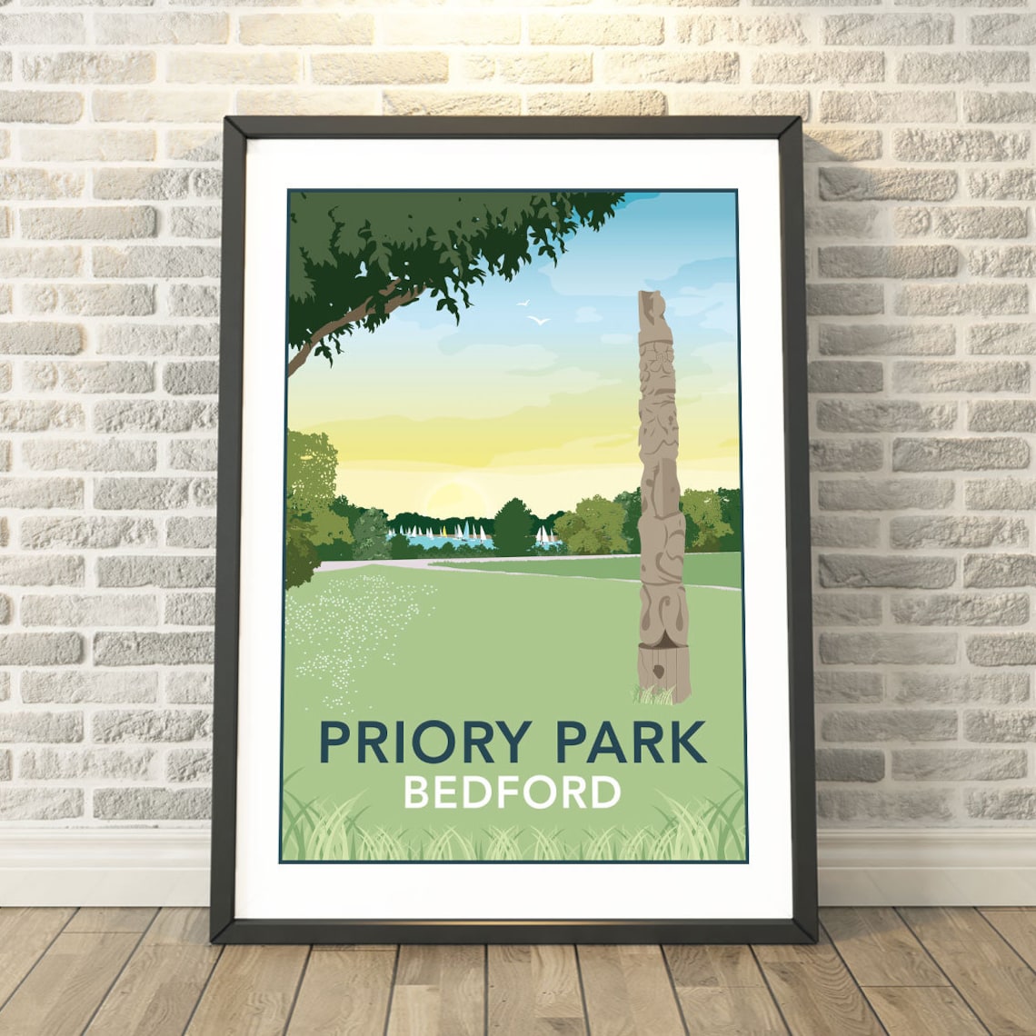 Priory Park Bedford Totem Pole Lake Green Retro Travel Poster