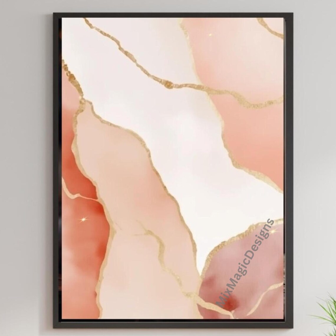 Blush Rose Gold Marble Watercolor Golden Veins Feminine Elegant Poster