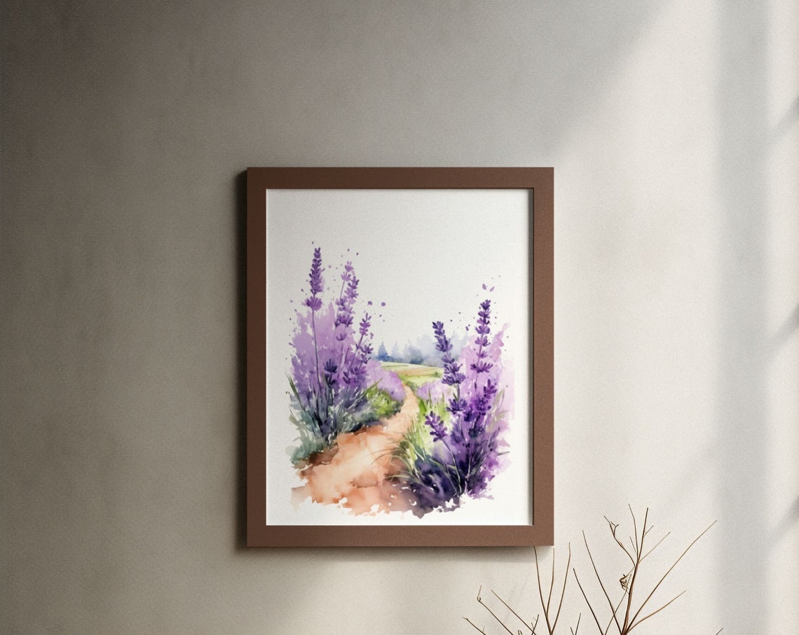 Lavender Field Winding Country Path Dreamy Watercolor Art Poster