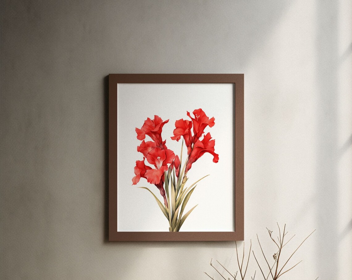 Red Gladiolus Flower Spray Watercolour Botanical Flower Poster