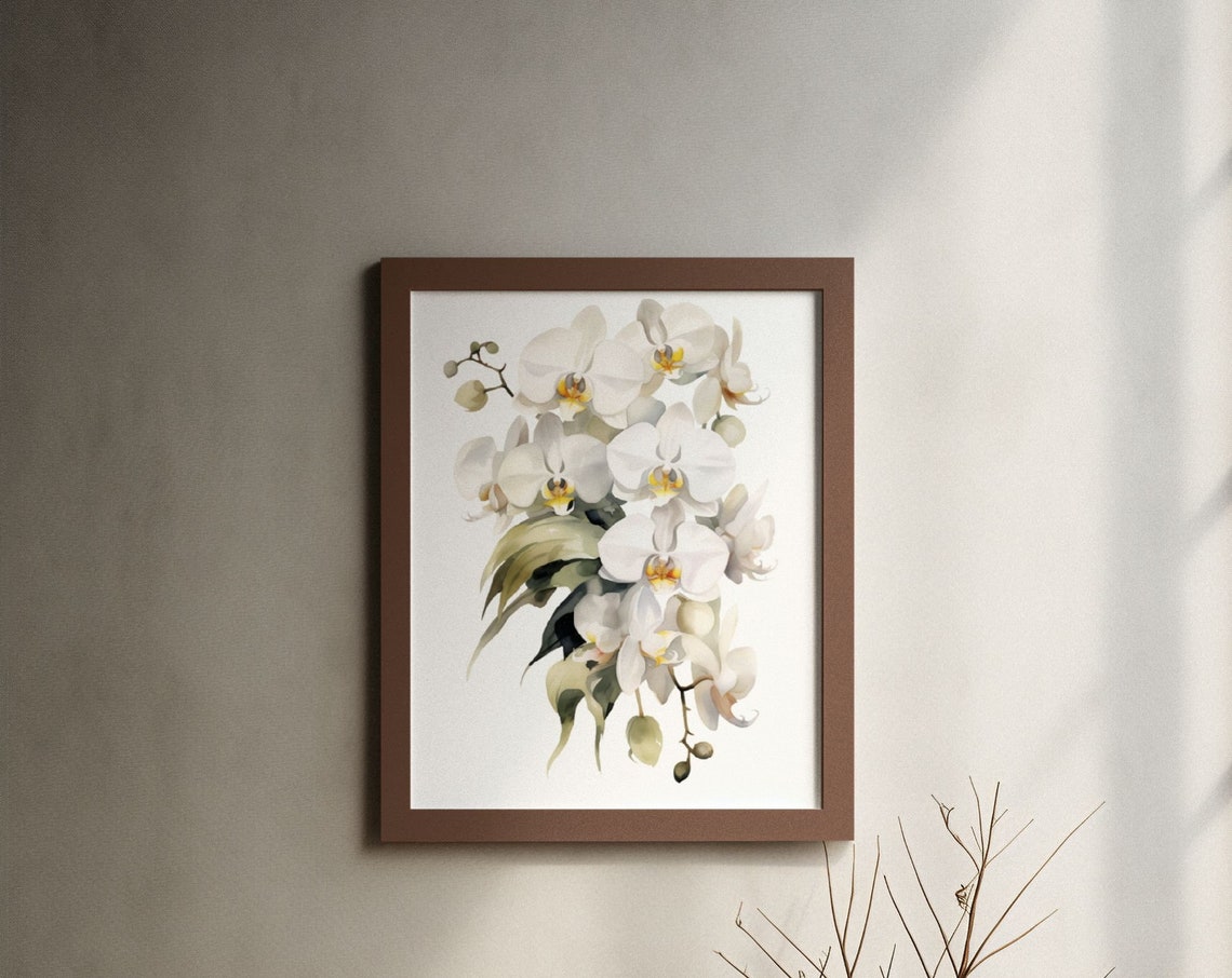 White Orchid Blooming Cluster Watercolour Botanical Flower Poster