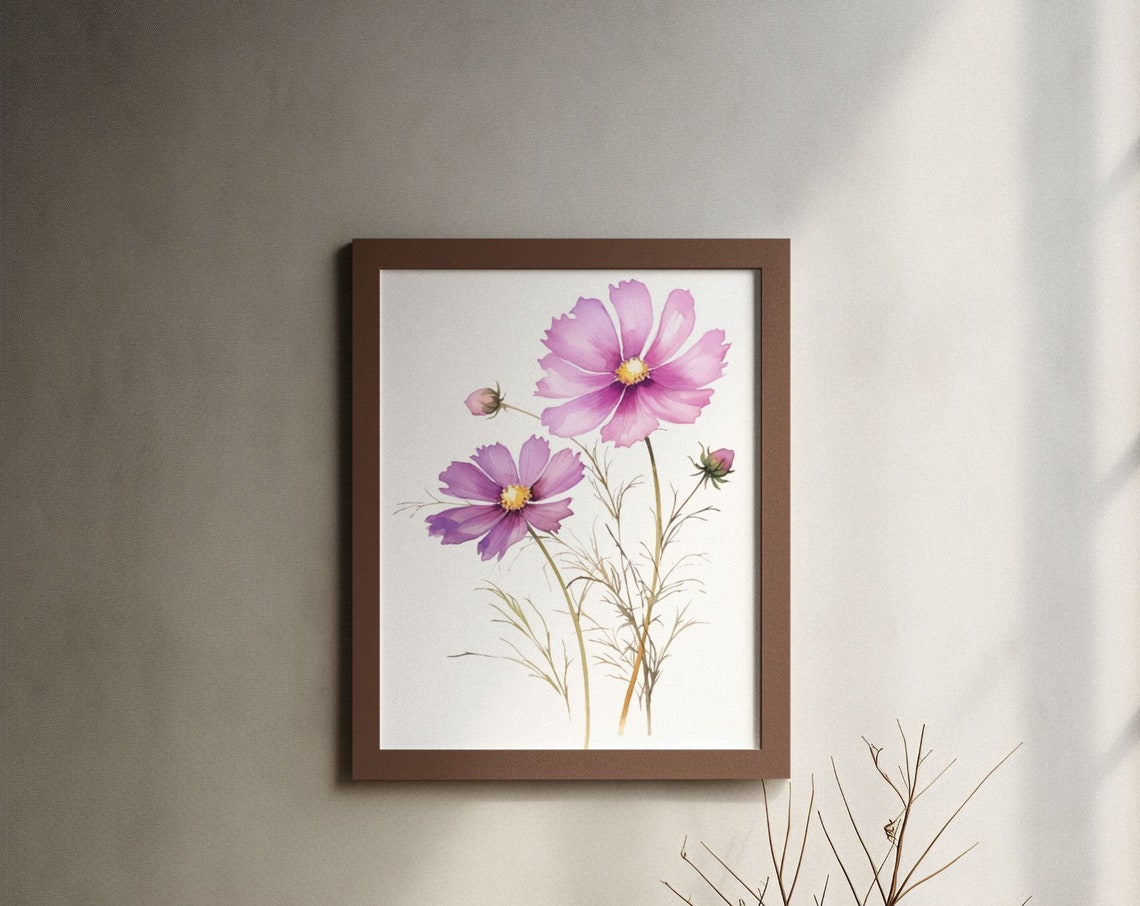 Purple Cosmos Flower Blooms Watercolour Botanical Flower Poster