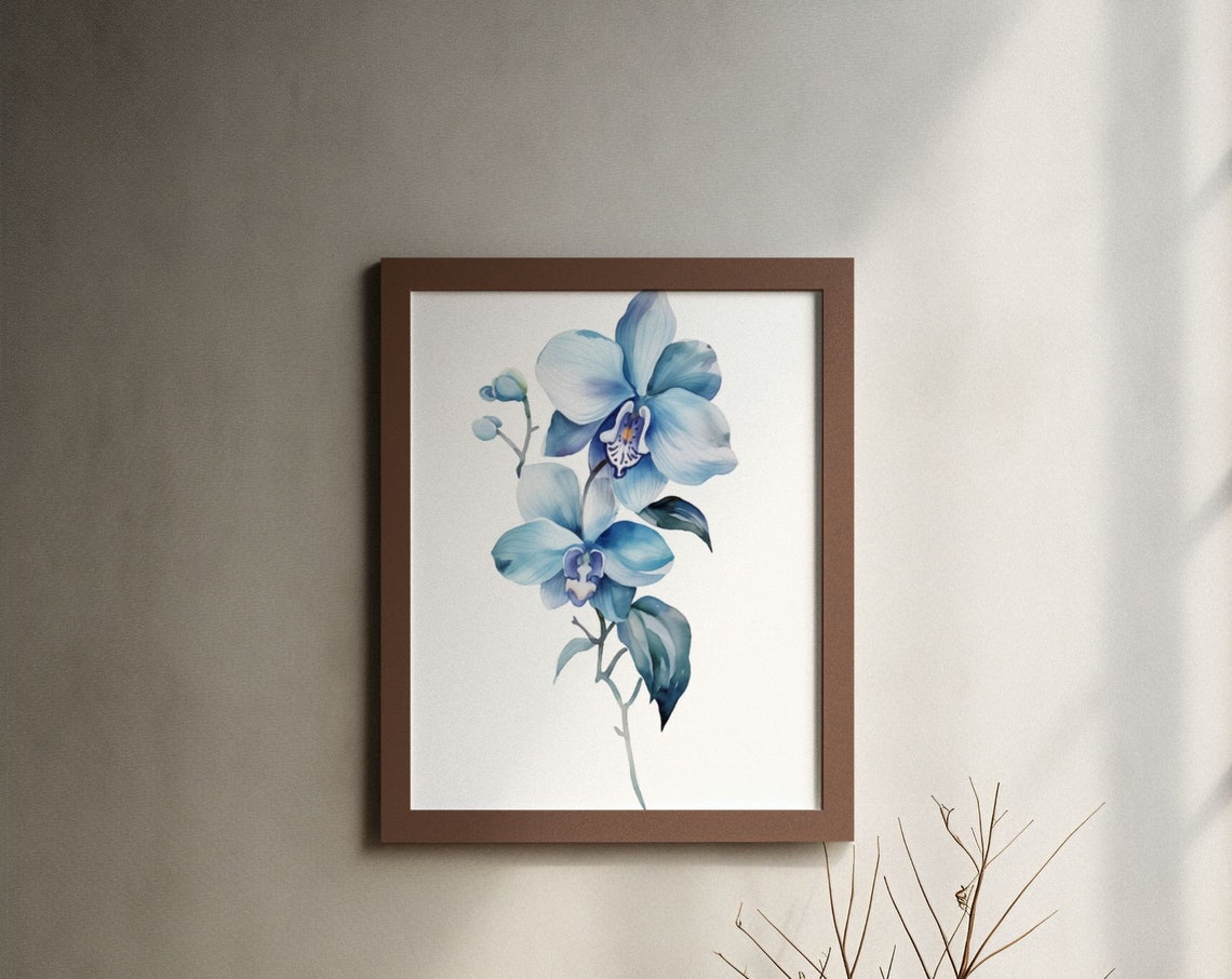 Blue Orchid Twin Blooms Serene Watercolour Botanical Flower Poster