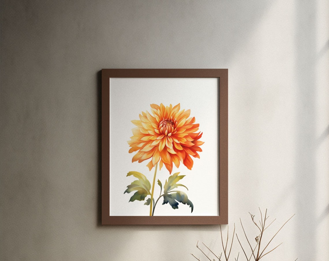 Vivid Orange Dahlia Single Bloom Watercolour Botanical Poster