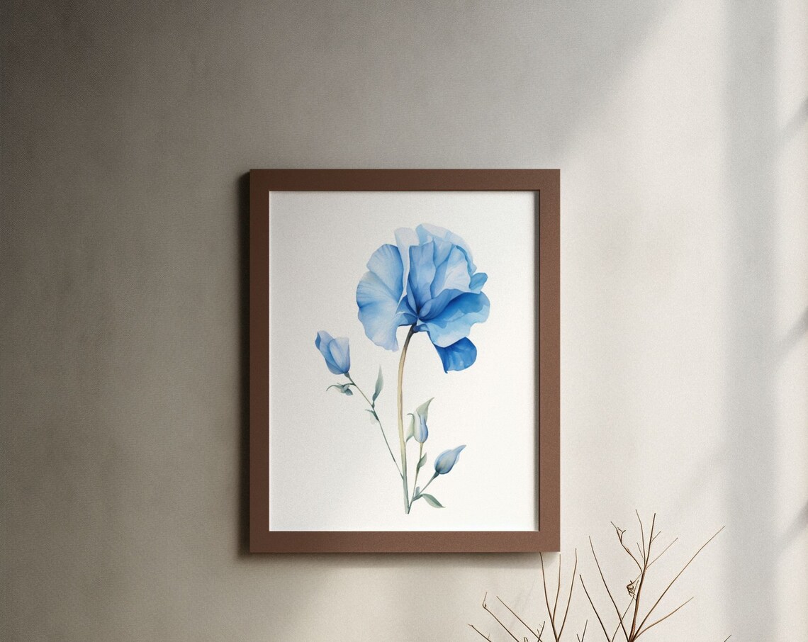 Blue Sweet Pea Single Bloom Watercolour Botanical Flower Poster